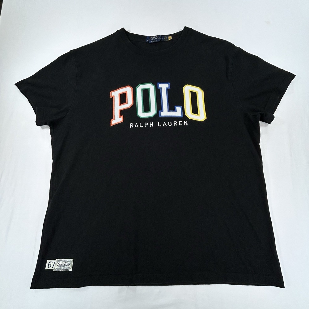 Polo Ralph Lauren Mens L Black Multi Color Spellout Logo T-Shirt RARE Preppy
